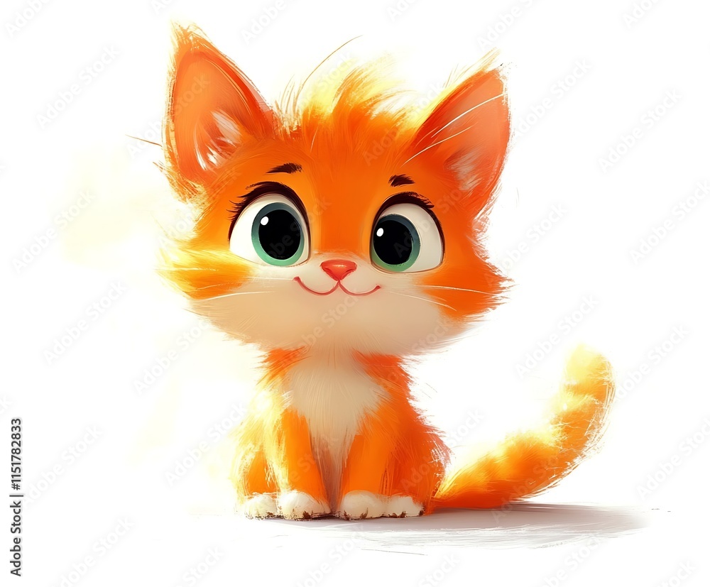 Fototapeta premium Adorable cartoon ginger kitten sitting, big eyes, fluffy fur, happy expression, white background.