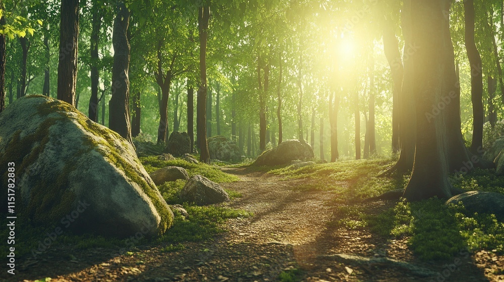 Obraz premium Serene spring forest with a winding river, moss-covered rocks glistening in the sun, surrounded by budding green trees