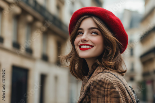 Fototapeta Naklejka Na Ścianę i Meble -  Portrait of young smiling stylish woman in red beret in Paris street