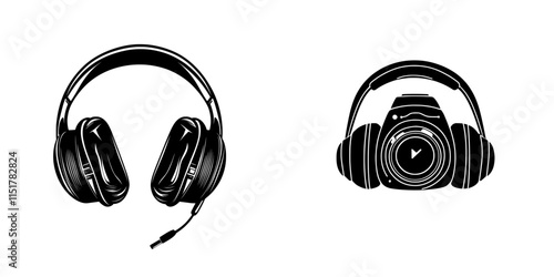 Icon of a camera and headset with a microphone. The headset is used for online communication through a webcam, depicted as a flat label. This pictogram represents consultation, hotline, and operator