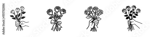 Symbol representing an online flower shop with a checkout process for purchasing bouquets, highlighting e-commerce and online shopping concepts in modern outline.