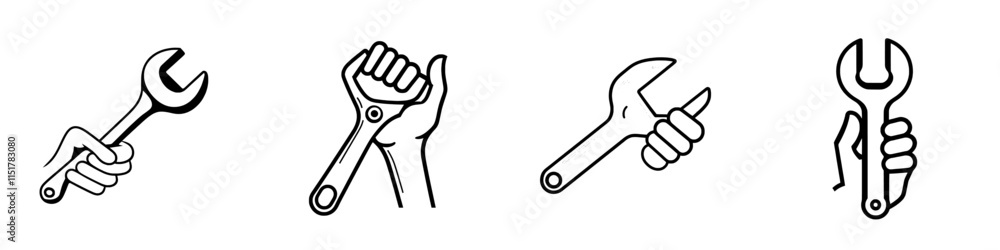 Obraz premium A thin outline icon of a human hand holding a wrench or spanner in its arm, symbolizing car mechanic services, plumbing work, and professional services. This modern, isolated pictogram for the web