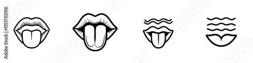 A thin outline icon of a mouth and tongue, representing articulation, taste perception, sensory functions, or language. This modern, editable stroke pictogram is designed for web use, in EPS 10