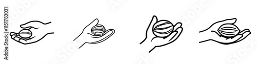 A thin outline icon of a hand holding a nut, symbolizing fine motor skills, preschool learning, and educational games. This modern, isolated pictogram is designed for web use, with an editable