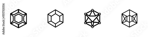 Symbol for 3D modeling and visualization. This line icon represents a geometric 3D object with interconnected lines and dots, serving as a wireframe polygonal element. It is a modern icon for web and