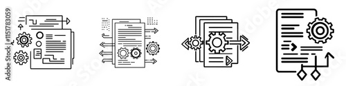 Symbol for Reverse Engineering and Reverse Development. The process of reconstructing source code from the final product. A line icon featuring a gear and a drawing. A contemporary icon for web and