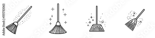 A thin outline icon of a broom, besom, or short brush made of bound straw near a pile of garbage. This line symbol represents cleaning, garbage disposal, and sweeping. The modern computer pictogram