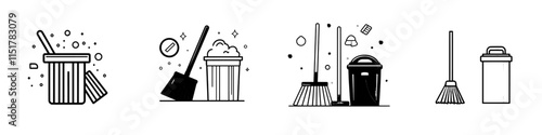 A thin outline icon of a broom or besom next to a pile of garbage, a trash can, and a rubbish bin. This line symbol represents cleaning garbage, cleanup, and sweeping. It's a modern computer