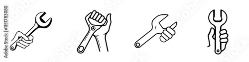 A thin outline icon of a human hand holding a wrench or spanner in its arm, symbolizing car mechanic services, plumbing work, and professional services. This modern, isolated pictogram for the web