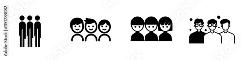 A thin outline icon featuring multiple human figures side by side, depicting three persons. This line symbol represents family, meeting men, and close people. Modern, isolated pictograms for web use