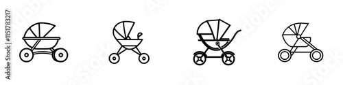 A thin outline icon of a baby carriage or baby buggy, also known as a perambulator or baby transport. This modern isolated pictogram is designed for web and app use on a white background and features