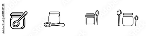 A thin outline icon of a baby food jar with a spoon, symbolizing baby puree, first meal, and child nutrition. This modern, isolated pictogram is designed for web and app use on a white background