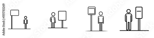 High-quality pictogram for public transport or airport shuttle, featuring a man beside a sign, bus stop. Custom modern icon in outline style for web and app.