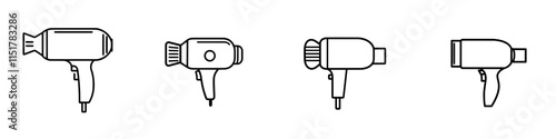 A hair dryer depicted as a linear icon, representing room service in hotels, hostels, motels, inns, salons, and spas. This modern graphic logo features a contour design and is illustrated on a white