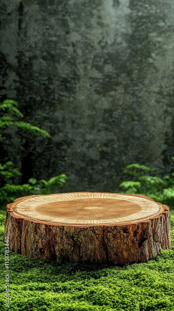 Natural wooden tree stump cross section on green moss carpet in misty forest environment, perfect backdrop for product photography or nature composition display. Natural wooden tree stump cross section on green moss carpet in misty forest environment, perfect backdrop for product photography or nature composition display.