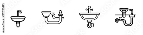 A thin outline icon of a clogged kitchen sink, representing a blocked water pipe. This line symbol indicates drain repair or plumbing service, as well as drain cleaning. It is a flat, modern,
