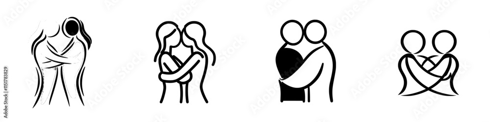 A slender outline icon of a man embracing another individual. Symbol of a caregiver, representing hug, friendship, care, empathy, and compassion. Modern isolated pictogram on a white background. A slender outline icon of a man embracing another individual. Symbol of a caregiver, representing hug, friendship, care, empathy, and compassion. Modern isolated pictogram on a white background.
