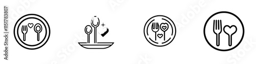 A thin outline icon of a plate with a heart symbol and a spoon, representing healthy eating or a favorite recipe, as well as volunteer food humanitarian assistance. This modern isolated pictogram on