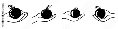 A thin outline icon of a human hand offering an apple, symbolizing volunteer food, charity grocery, and humanitarian assistance. This modern, isolated pictogram on a white background features an