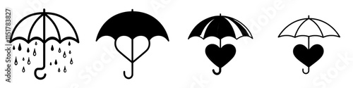 A thin outline icon of a heart symbol shielded by an umbrella, representing insurance, health, protection, and safety in healthcare. This modern, isolated pictogram on a white background features an