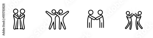 Two individuals raising their arms upwards, depicted as an outline icon. Line symbolizing unity in diversity, opposing racism, showcasing volunteers and helping hands, and representing voting. Modern
