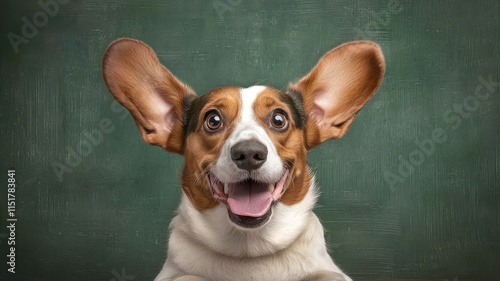 A joyful dog with large ears smiles against a green background, showcasing a playful and friendly demeanor.