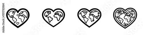 A thin outline icon of planet Earth inside a heart symbol. This line sign represents World Environment Day, global community support, and a world of love. It is a modern, isolated pictogram on a