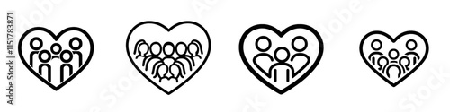 A thin outline icon depicting a family or group of people within a heart symbol, representing family care, humanity, group life insurance, empathy, or caring. This modern, isolated pictogram features