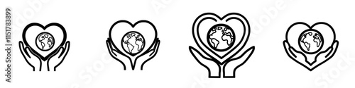 A thin outline icon depicts a hand embracing the planet Earth within a heart symbol, representing World Environment Day, global community support, and care for the world. This modern, isolated
