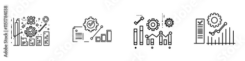 Boost efficiency, analyze manufacturing capacity, streamline processes for growth, and outline with an icon. A line graph symbol with a gear and check mark. Modern isolated pictograms for web, white