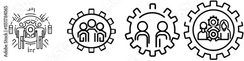 Team training, teamwork development, CRM system outline icon. Line symbol of a group of three people with a gear. Modern isolated pictograms for web on a white background with editable stroke.