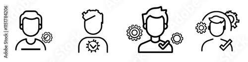 Business presentation, educational meeting, training lesson outline icon. Line symbol of a man holding a gear, cogwheel. Modern isolated pictogram for web and app on a white background with editable