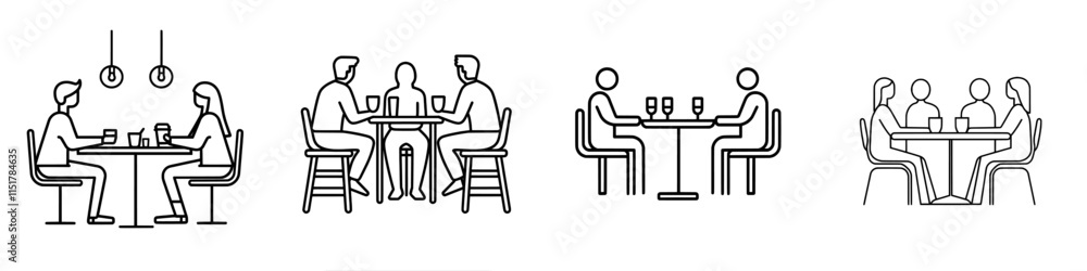 Modern isolated pictograms on a white background with editable stroke, featuring a line sign of three people sitting at a table for a meeting room, discussion, business conference, and support group Modern isolated pictograms on a white background with editable stroke, featuring a line sign of three people sitting at a table for a meeting room, discussion, business conference, and support group