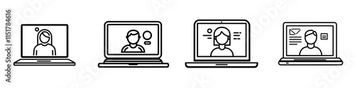 Online group workshop, web seminar, video training session, speaker outline icon. Line sign laptop with web conference. Modern isolated pictogram for web and app on a white background, editable