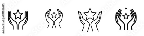 Outstanding achievement, receive a reward, quality grade outline icon. Human hands holding and hugging a star symbol. Modern isolated pictograms for web, white background, editable stroke.