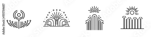 Icon representing a fountain dance with water, light, and music. It features line art of fountain jets and light rays, suitable for modern web and app use on a white background with an editable