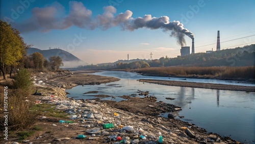 Powerful Environmental Pollution Poster River Waste & Smokestacks V4