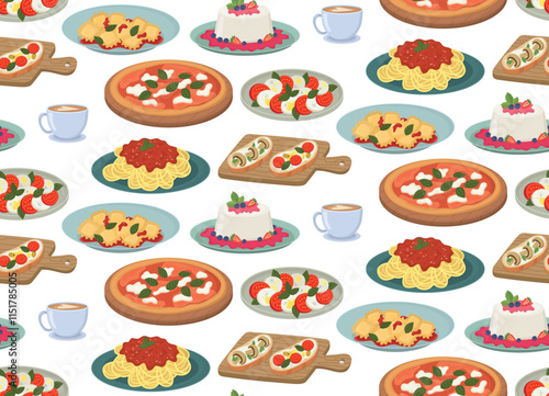 Seamless background with Italian cuisine. Flat pattern with spaghetti, caprese, pizza, bruschetta, ravioli, panna cotta, cappuccino 