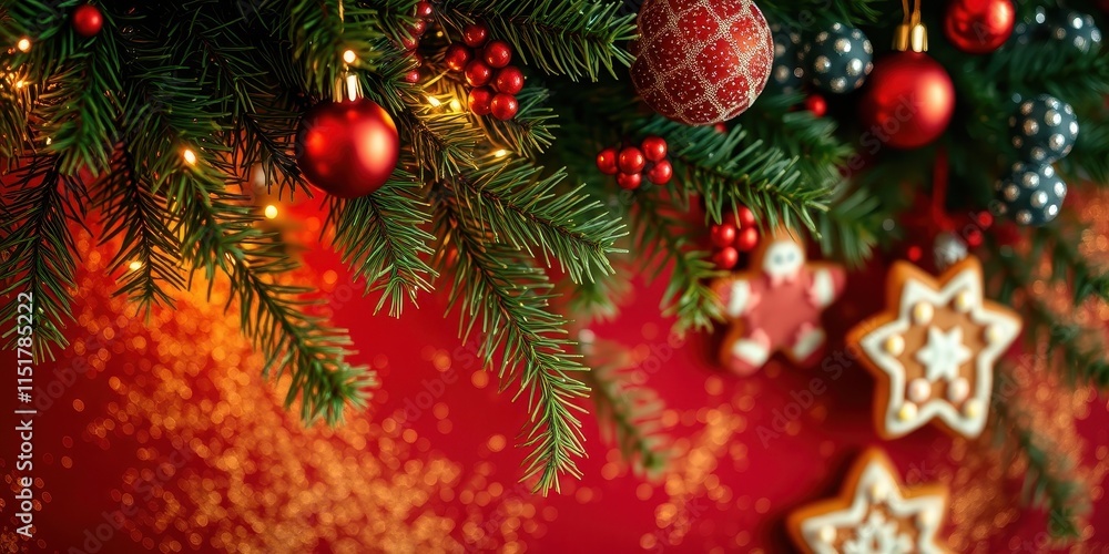 Festive Christmas tree branch adorned with red and silver ornaments, twinkling lights, and delicious star-shaped gingerbread cookies against a red sparkly background. Festive Christmas tree branch adorned with red and silver ornaments, twinkling lights, and delicious star-shaped gingerbread cookies against a red sparkly background.