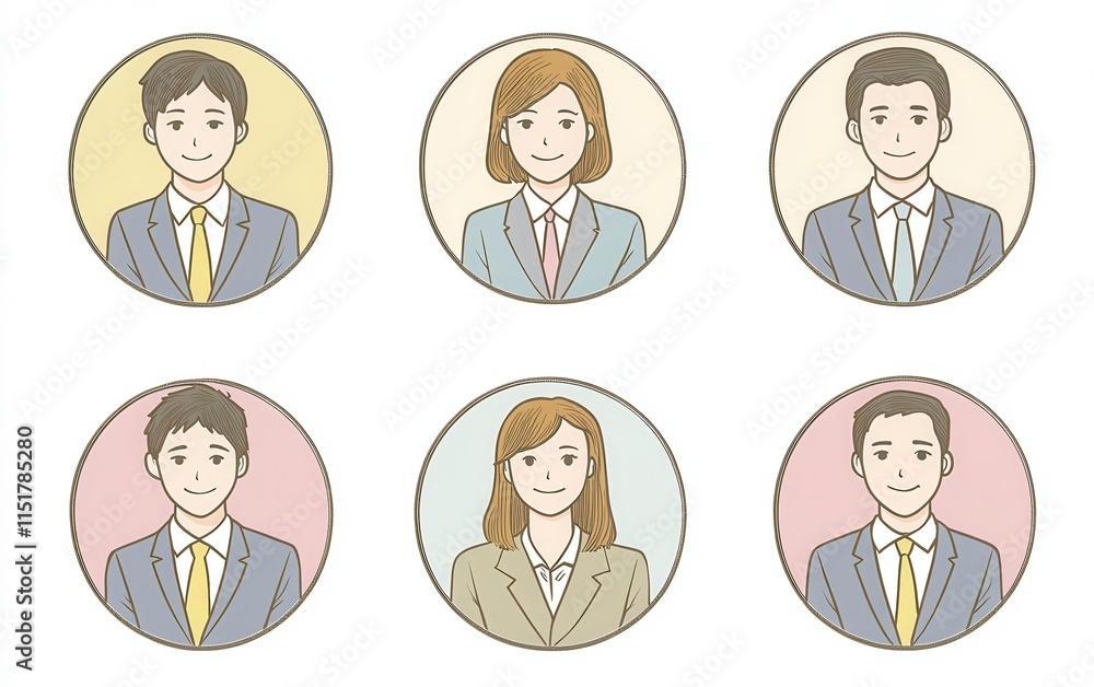 A set of round portrait avatar icons featuring business people, both men and women, in suits or office worker attire. A set of round portrait avatar icons featuring business people, both men and women, in suits or office worker attire.