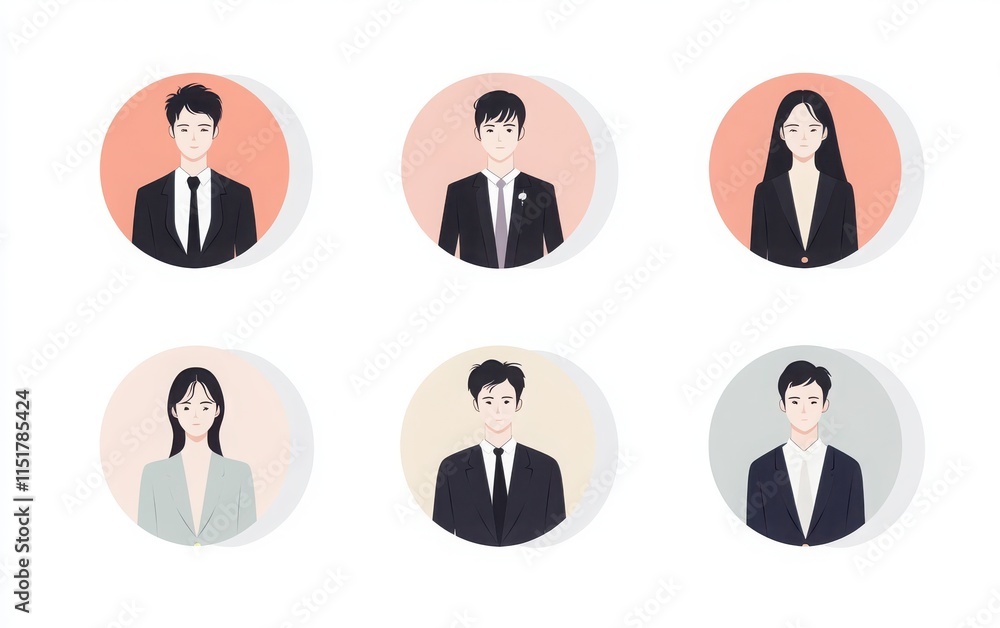 Flat design round avatar icons featuring business professionals, both male and female, in suits or office wear. Flat design round avatar icons featuring business professionals, both male and female, in suits or office wear.