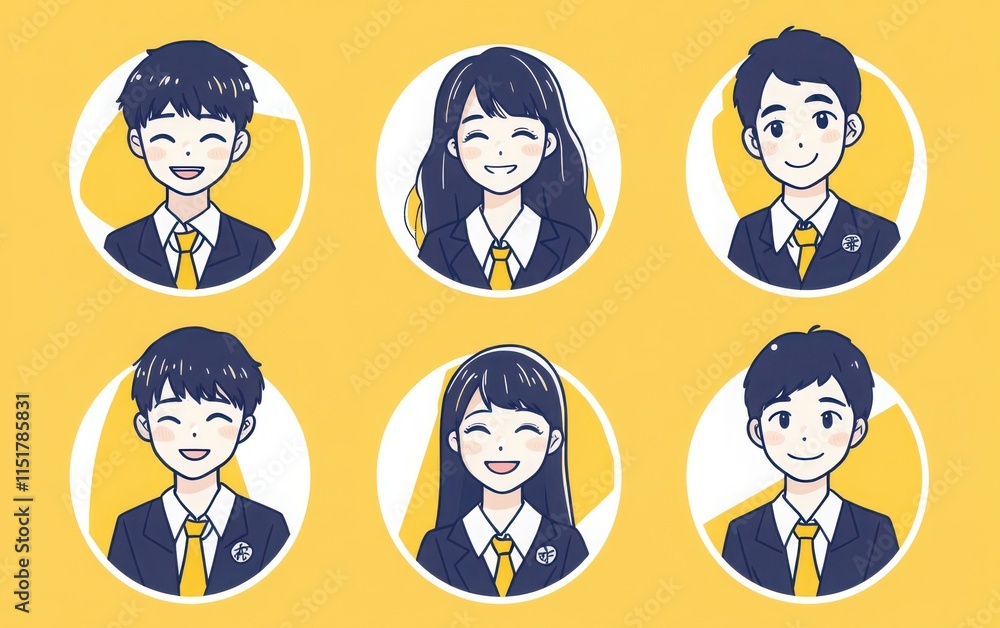 Simple and cute round illustrations of high school students, wearing uniforms with ties and smiling expressions, in a Japanese-inspired design. Simple and cute round illustrations of high school students, wearing uniforms with ties and smiling expressions, in a Japanese-inspired design.