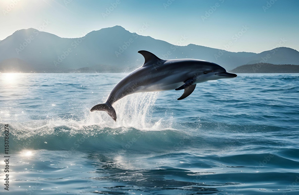 Fototapeta premium A playful dolphin leaping out of crystal-clear ocean water