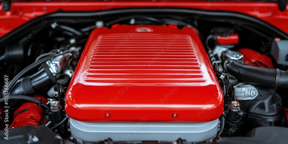 A vibrant red engine with a sleek design, prominently displayed in a vehicle's engine bay, showcasing its powerful performance capabilities. A vibrant red engine with a sleek design, prominently displayed in a vehicle's engine bay, showcasing its powerful performance capabilities.