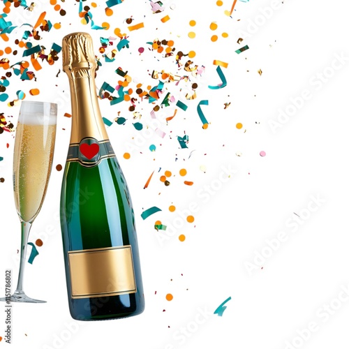 New year festive celebrate concept. A champagne bottle and glass against a festive backdrop of colorful confetti, ideal for celebrations and toasting special occasions.