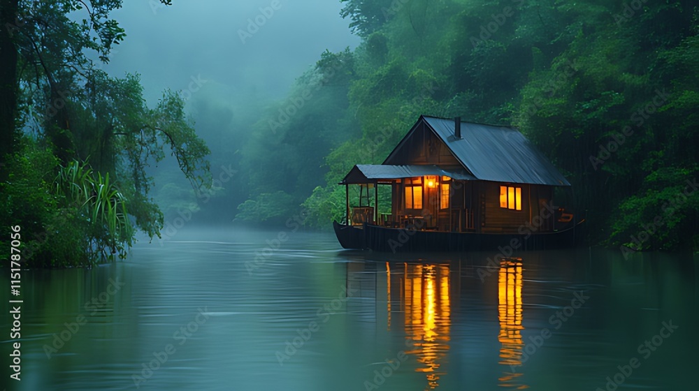 Fototapeta premium Serene lakeside houseboat at dusk, illuminated interior, misty river, lush foliage.