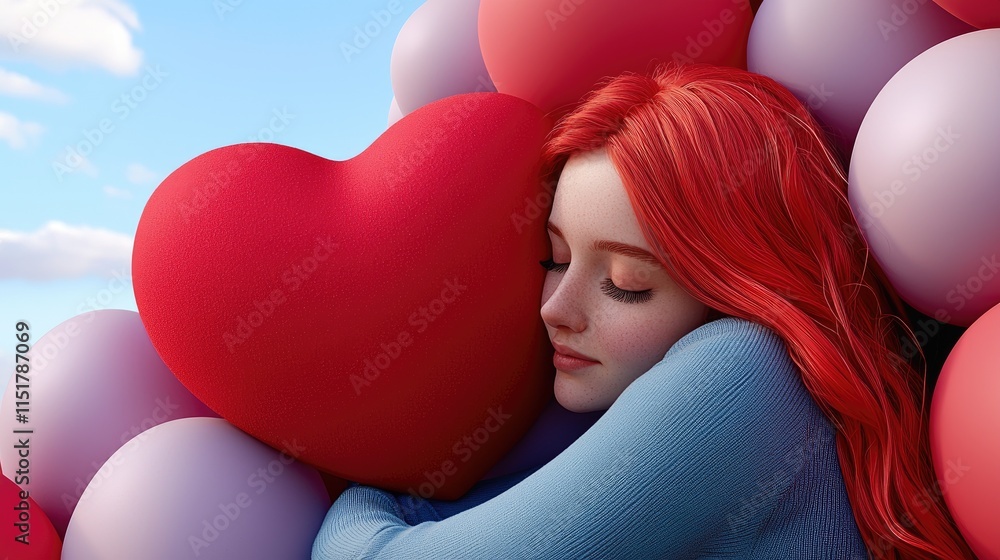 Emotional embrace with hearts dreamy sky digital illustration soft colors romantic concept Emotional embrace with hearts dreamy sky digital illustration soft colors romantic concept
