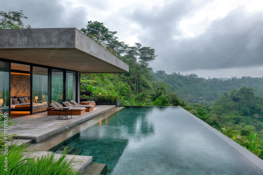 Fototapeta premium Modern infinity pool overlooking lush tropical rainforest and mountains