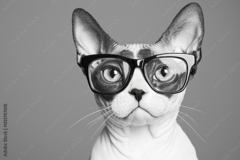 Obraz premium A stylish cat wearing oversized glasses, posing against a simple background, exuding a quirky and playful vibe.