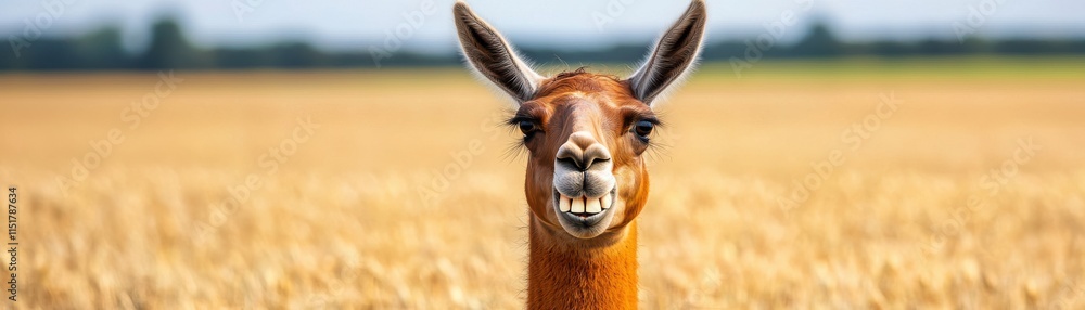 Obraz premium A cheerful llama smiles brightly against a golden field backdrop, showcasing its playful personality in a sunny environment.